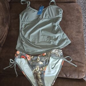 Cupio Sage Green Tankini Top with Tropical Floral Bikini Bottoms